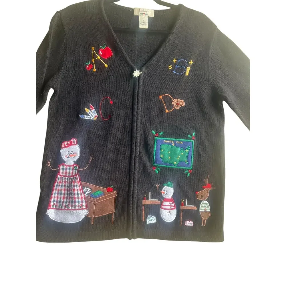 Bechamel Women Vintage 90s Novelty Cottage School Teacher Cardigan Zip Sweater M - Picture 5 of 13
